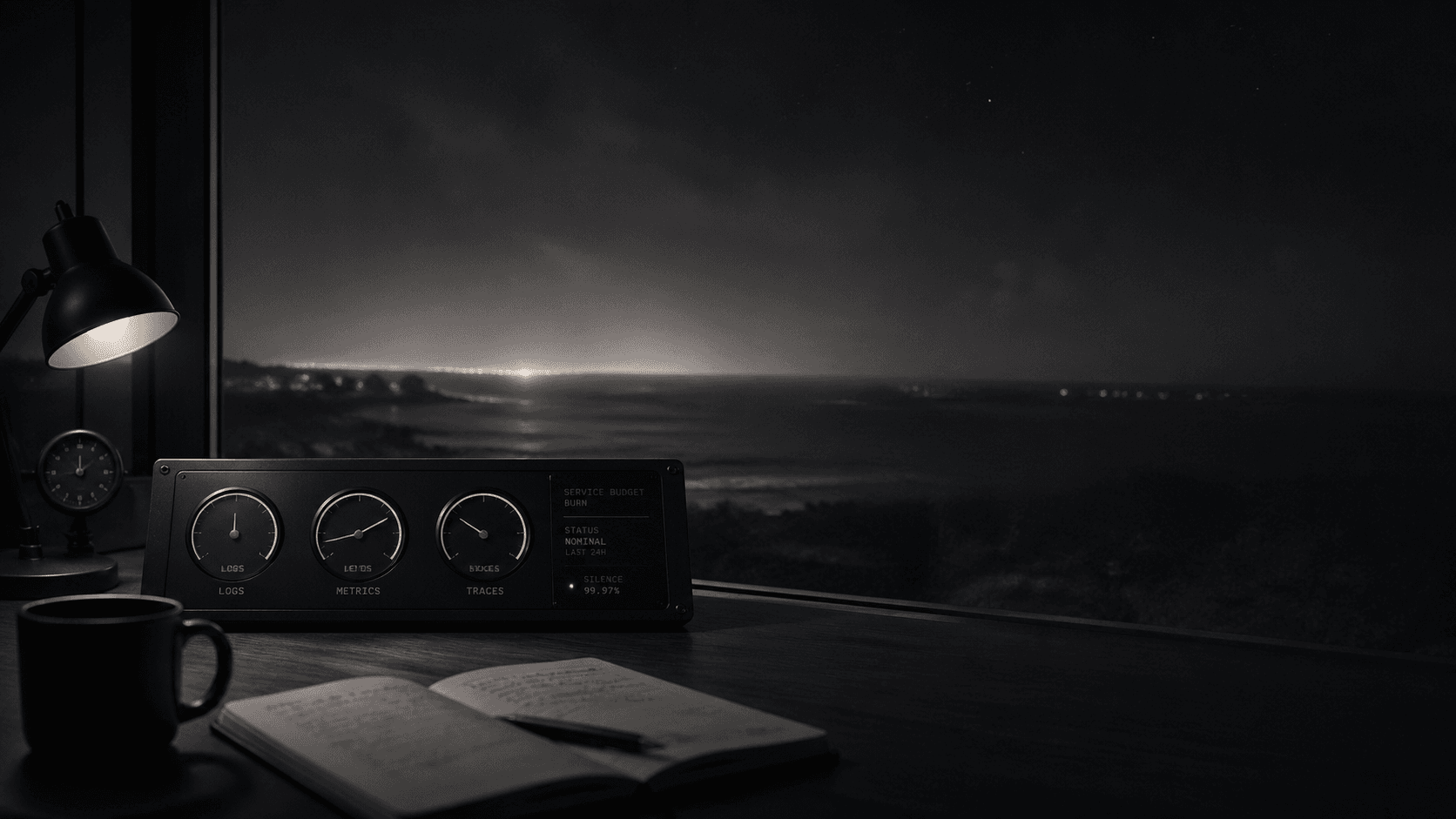 A quiet desk at night: lamp, notebook, mug, and a console showing a workflow running without intervention